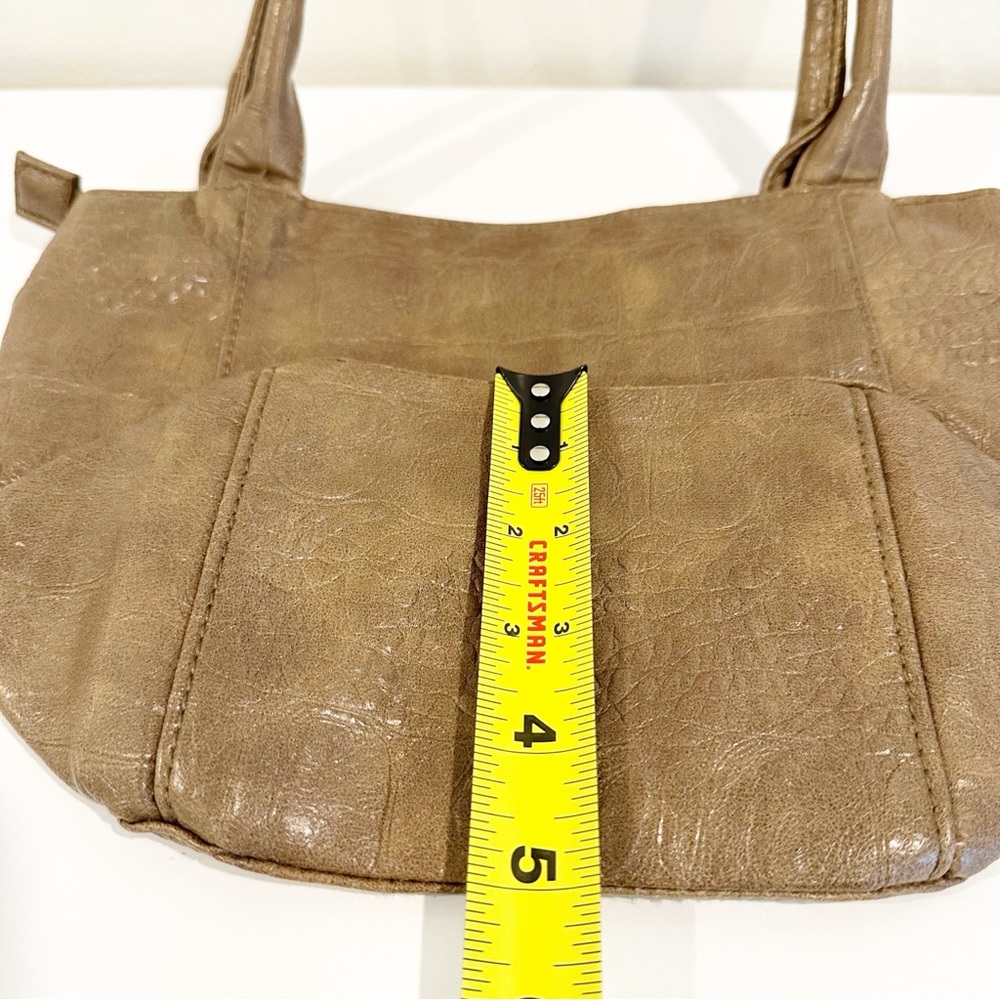 Elegant Tan Flower Crinkle Zipper Small Tote Handbag with Floral Accent - Picture 5 of 10